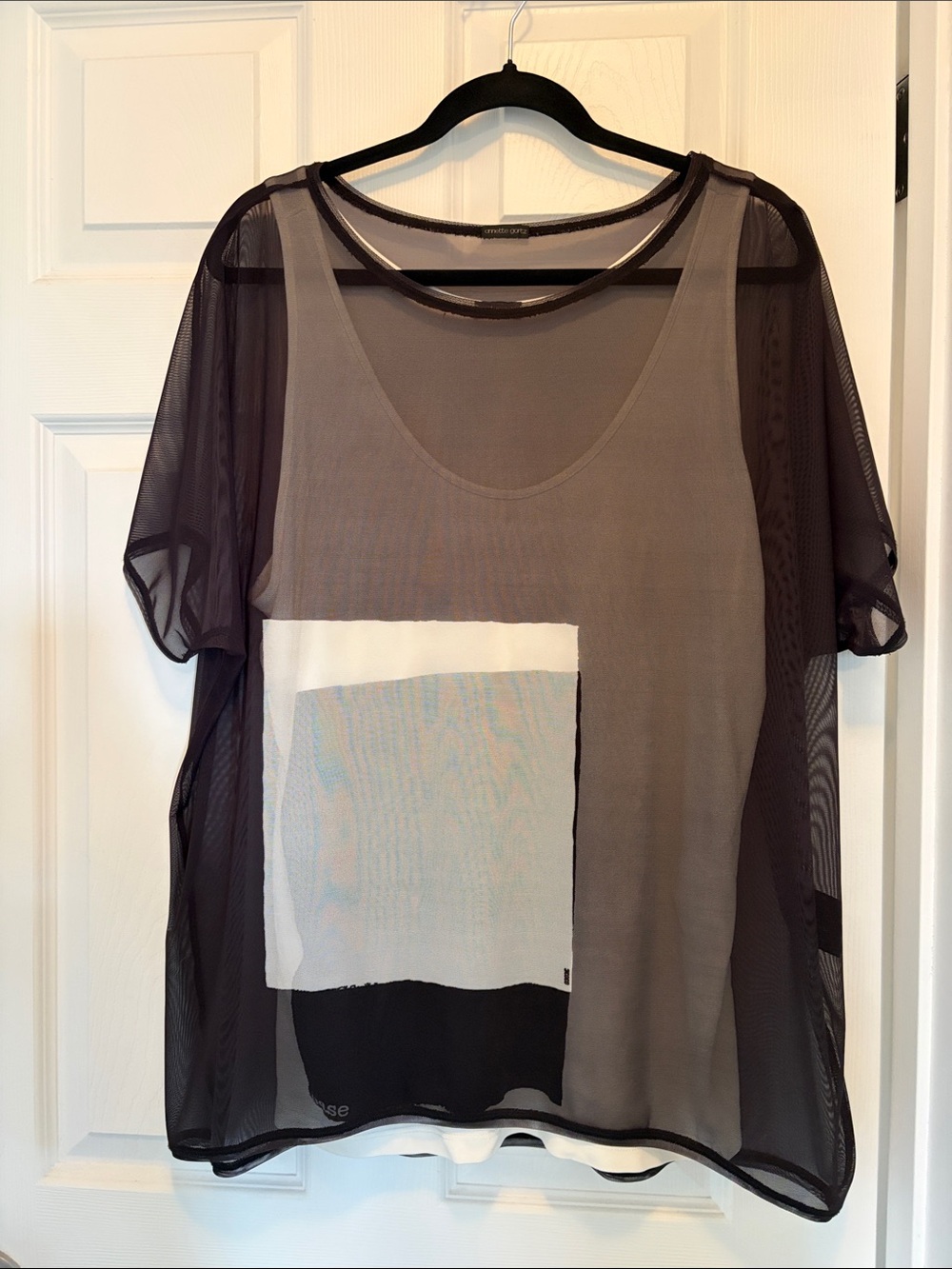 Annette Goertz Sheer Gray and Black Mesh Tunic Top with Graphic Panel